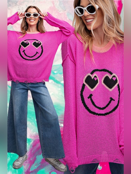 Easel Los Angeles Sweaters - Easel | Delulu for the Plot Distressed Smiley Sweater Heart Eyes Pink New Large